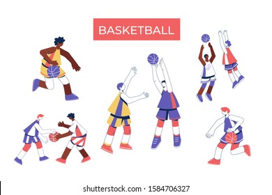 Men playing basketball collection. Girls train to dribble, throw and block shot. 