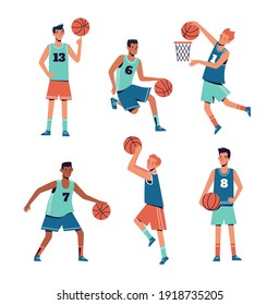 Men are playing basketball. Flat design concept with guys who go in for sports playing ball. Vector illustrations of athletes on a white background