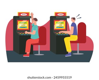 Hombres jugando juegos de máquinas de apuestas, gastando dinero en juegos de azar. Ilustración plana de Vector. Diseño de caracteres