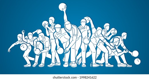 Men Playing Bowling Sport Players Bowler Action Cartoon Graphic Vector