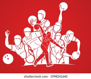 Men Playing Bowling Sport Players Bowler Action Cartoon Graphic Vector