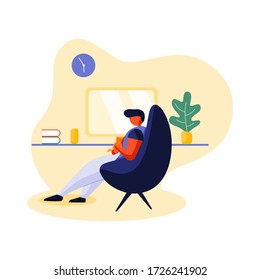 Men are playing with cats while working at home with a computer , concept illustration , vector flat style illustration