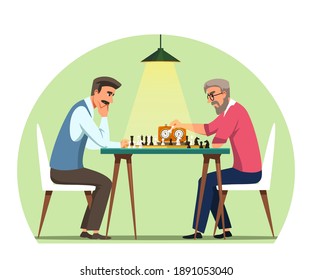 Men playing chess on board with clock. Serious people sitting at table with game and thinking. Leisure time or competition indoor vector illustration. Intelligent entertainment.