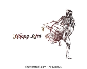 Men playing dhol tasha in Indian festival happy navratri  vector, Hand Drawn Sketch Vector illustration.