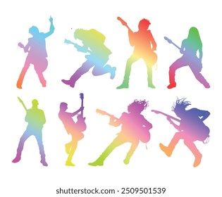 Men playing electric guitar rock genre music in multi color silhouette style for background design.