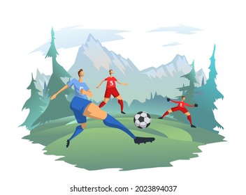 Men playing football on the background of a mountain landscape. Football players kick the ball. Outdoor activities, vector illustration.