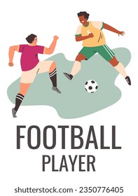 Men playing football on field, flat vector illustration isolated on white background. Male soccer players kicking and passing ball. Sports game concept.