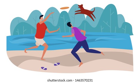 Men are playing frisbee with the dog on the beach near the sea. Having fun and active resting together outside. Flat cartoon vector illustration.
