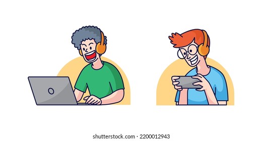 hombres jugando al juego en la ilustración de smartphone y laptop