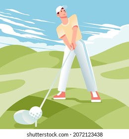 hombres jugando golf en los campos usando traje y sombrero casual, prepararse para golpear la ilustración del vector de bola. utilizado para banner, imagen de afiches y otros