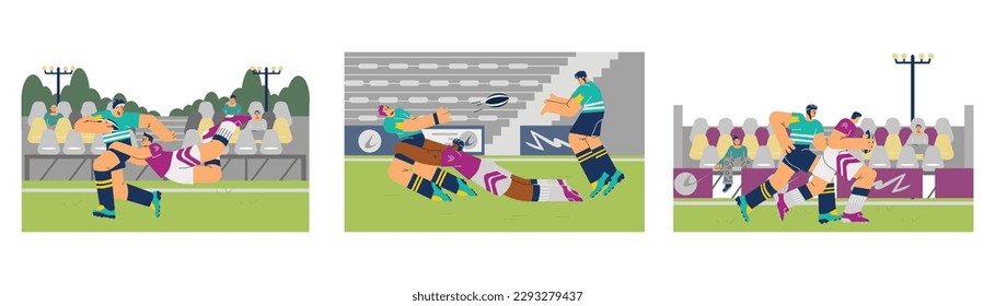 Men playing rugby on the field, set of scenes - flat vector illustration. Young players of American football. Rugby team throwing ball over the field. Characters running and falling during game.