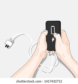 Men are playing smartphones.Battery size is near to deteriorate.Doodle art concept,illustration painting