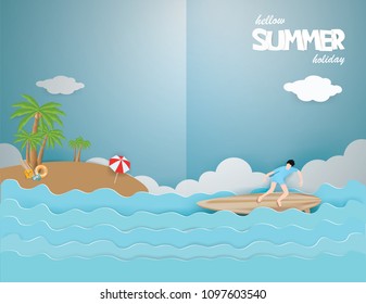 Men are playing surfboard in the blue sea on View of Summer Time Holiday with Sandals,Life ring, Snorkel,RED umbrella and Paddle under the coconut trees on the beach in the Island, illustration style.