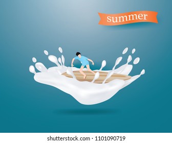 Men are playing surfboard in splash on blue background.Summer Time concept ,vector and illustration.