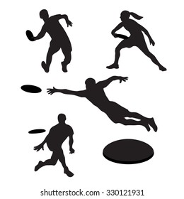 Men Playing Ultimate 4 Silhouettes. Vector Illustration Of Flying Disc Game