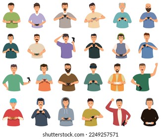 Men playing video games icons set cartoon vector. Virtual gamer. People online