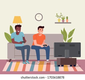 Men playing videogame on the sofa. Vector flat style illustration