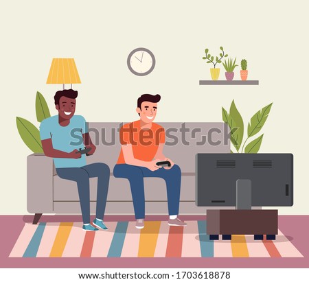 Men playing videogame on the sofa. Vector flat style illustration