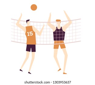 Men playing volleyball - flat design style colorful illustration on white background, brown palette. High quality composition with male characters, boys in sportswear doing sport. Healthy lifestyle