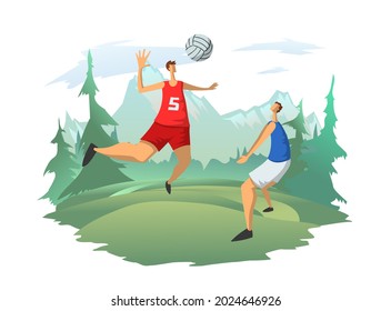 Men playing volleyball on the background of a mountain landscape. Volleyball players hit the ball. Outdoor activities, vector illustration.