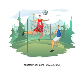 Men playing volleyball on the background of a mountain landscape. Volleyball players hit the ball. Outdoor activities, vector illustration.