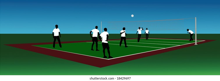 Men playing volleyball. Vector silhouettes.