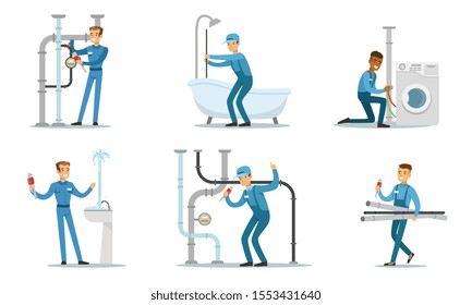 Men plumbers in blue overalls work. Vector illustration.