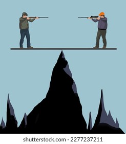 Männer zeigen Pistolen aufeinander, und beide sterben, wenn sie fallen. Es ist eine Situation ohne Erfolg in einer 3-Tage-Illustration.