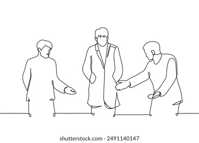 men point with their hands to a man in a coat walking in the center - one line art vector. concept welcome, security directs, escort. Handmade vector not AI