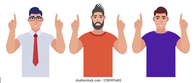 Men pointing up fingers while standing and smiling. Pointing copy space. Character set. Vector illustration in cartoon style.