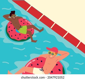 men in pool with inflatable rings relaxing