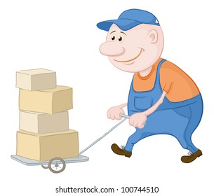 Men porter driven by the trolley with boxes. Vector illustration