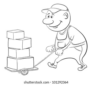Men porter driven trolley with boxes, black contour on white background. Vector illustration