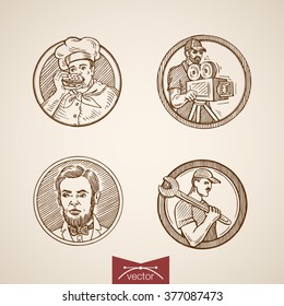 Men portrait medallion style cook chief cameraman president industrial worker avatar icon set. Engraving style pen pencil crosshatch hatching paper painting retro vintage vector lineart illustration.