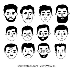 Retratos masculinos Doodles masculinos conjunto vector aislado Colección dibujos a mano de cabezas masculinas.