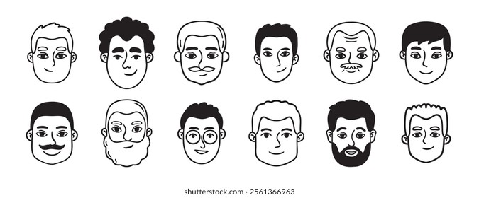 men portraits male doodles set doodle hand drawn icon set. Outline drawing man heads and faces line clipart symbol collection. Vector illustration