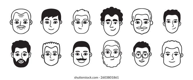 men portraits male doodles set doodle hand drawn icon set. Outline drawing man heads and faces line clipart symbol collection. Vector illustration