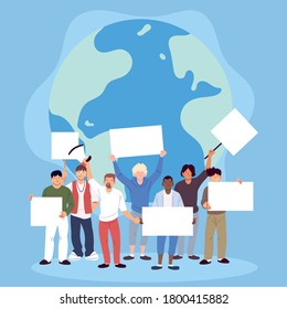 Men with posters and megaphone at a global social protest vector illustration design