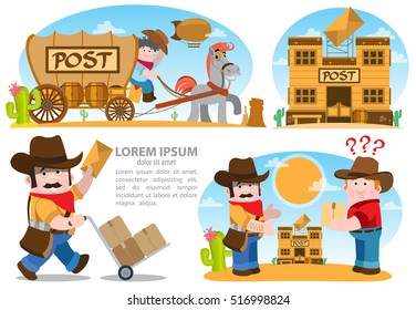 Men, postmen, cowboys indicate at the post office.