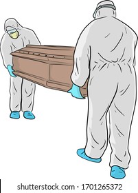 The men in PPE suit (Personal protective equipment) carry the coffin handling for disposal vector illustration sketch doodle hand drawn isolated on white background. Covid-19 situation.