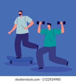 men practicing exercise avatar characters vector illustration design