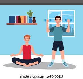 men practicing exercise in the house vector illustration design