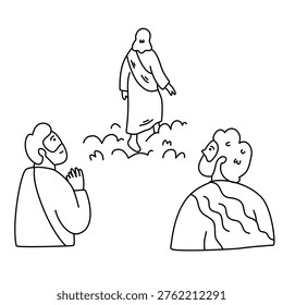 Men praying while looking at back of savior walking into heavenly sky