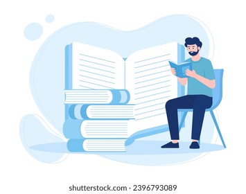 men prepare for exams by reading books trending concept flat illustration