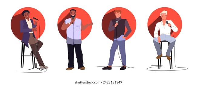 Men present standup comedy show on stage at open mic set. Male characters in spotlight red circle holding microphone to tell jokes, standing or sitting on chair cartoon vector illustration