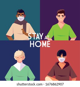 men prevents coronavirus and symptoms, stay at home vector illustration design