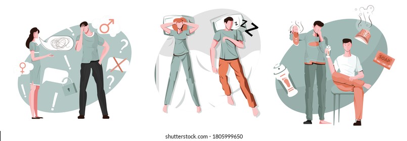 Men problem compositions set with flat female and male human characters with stinky shoes and snoring vector illustration