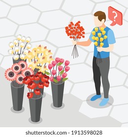 Männer Probleme bei der Wahl der rechten Blumen Größe Farbform des Bouquet für die gegenwärtige isometrische Hintergrundzusammensetzung Vektorgrafik Vektorgrafik 