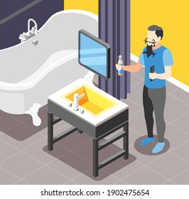 Men problems growing facial hair morning skincare routine moustache styling isometric background composition in bathroom vector illustration