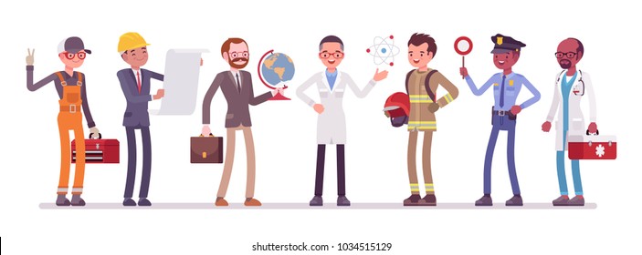 Men professions set. Male collection of occupation, training and qualification poster, choice to make after school or college. Vector flat style cartoon illustration isolated on white background